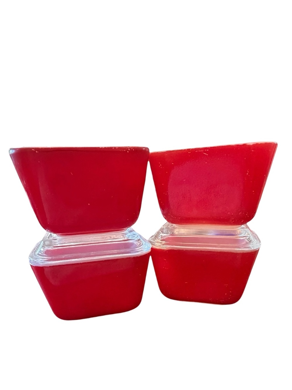 4 Red Pyrex Refrigerator Dishes Fridgies 2 Lids 1.5 Cups